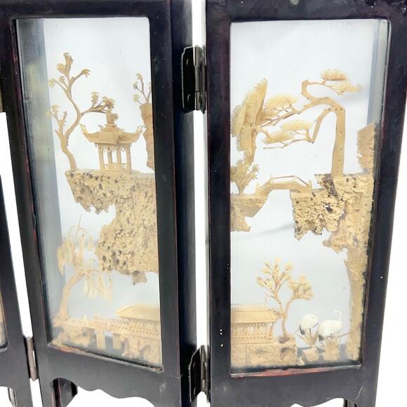 Vintage Asian Carved Cork Diorama Black Lacquer 4 Panel Mini Folding Screen - Picture 6 of 16